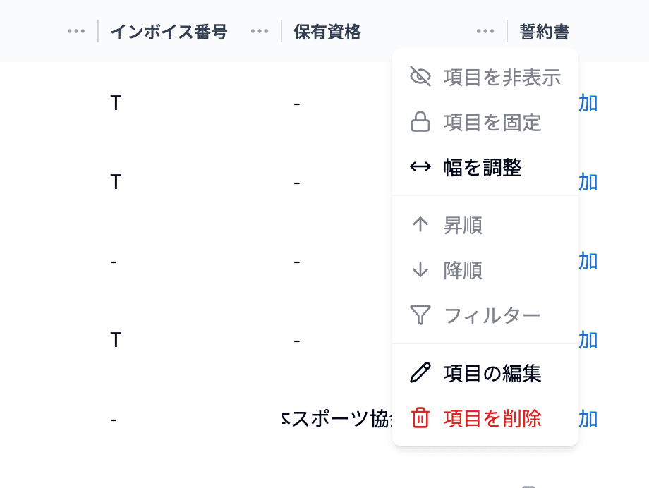 列ごとのメニュー