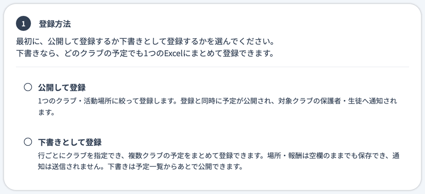 登録方法（公開して登録／下書きとして登録）の選択