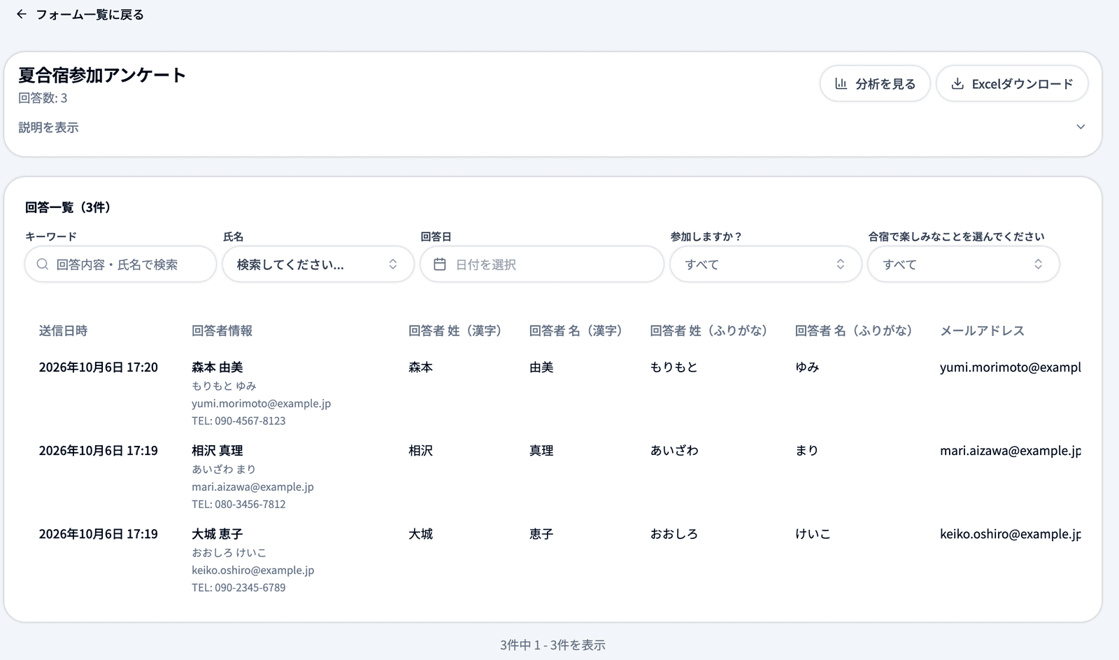 回答一覧で、代理入力した回答（森本 由美）がWebからの回答と同じ形で並んでいる状態
