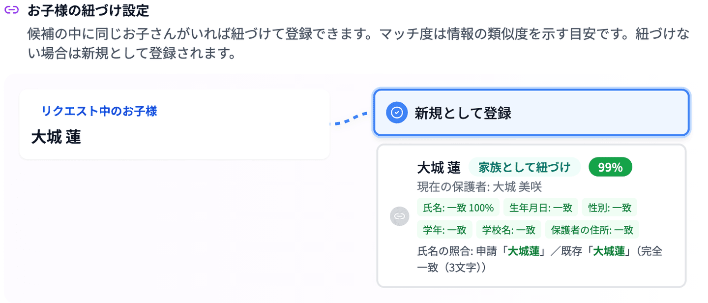 「家族として紐づけ」の候補カードに「現在の保護者」と照合のチップが出ている状態