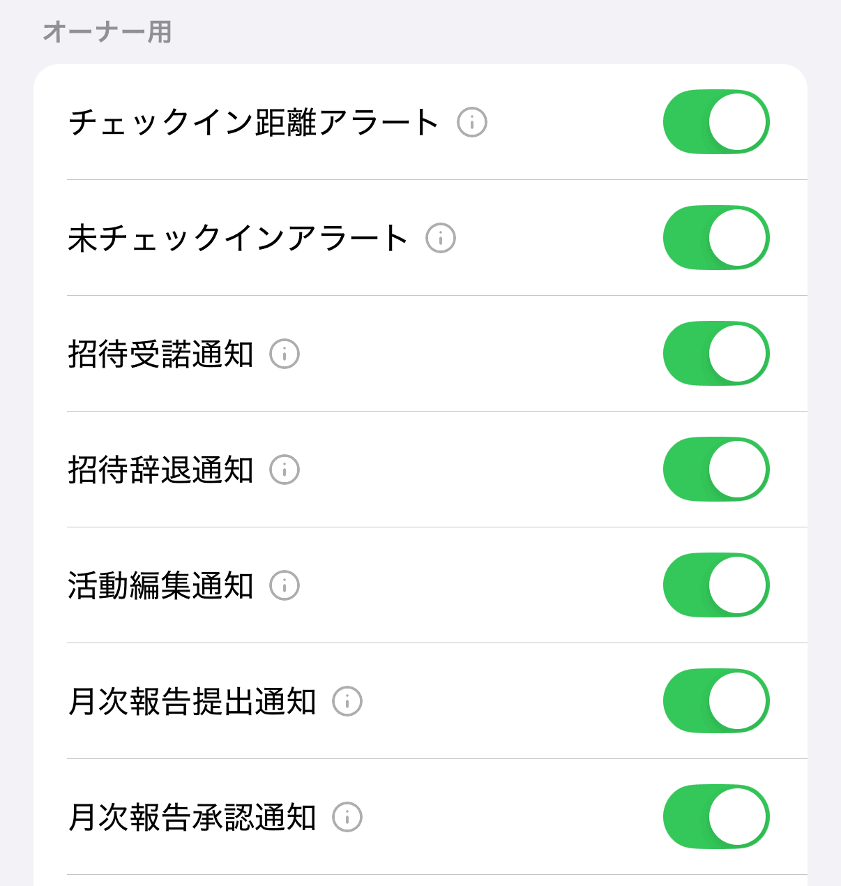 プッシュ通知設定の「オーナー用」の見出しから「月次報告提出通知」「月次報告承認通知」の行まで