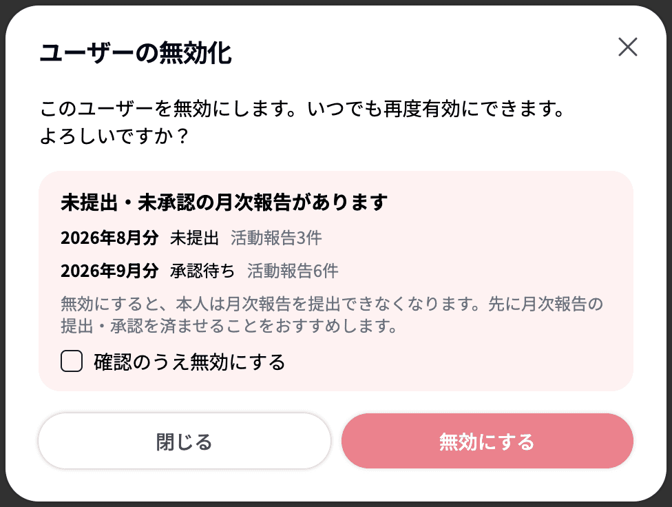 「ユーザーの無効化」ダイアログの「未提出・未承認の月次報告があります」と「確認のうえ無効にする」
