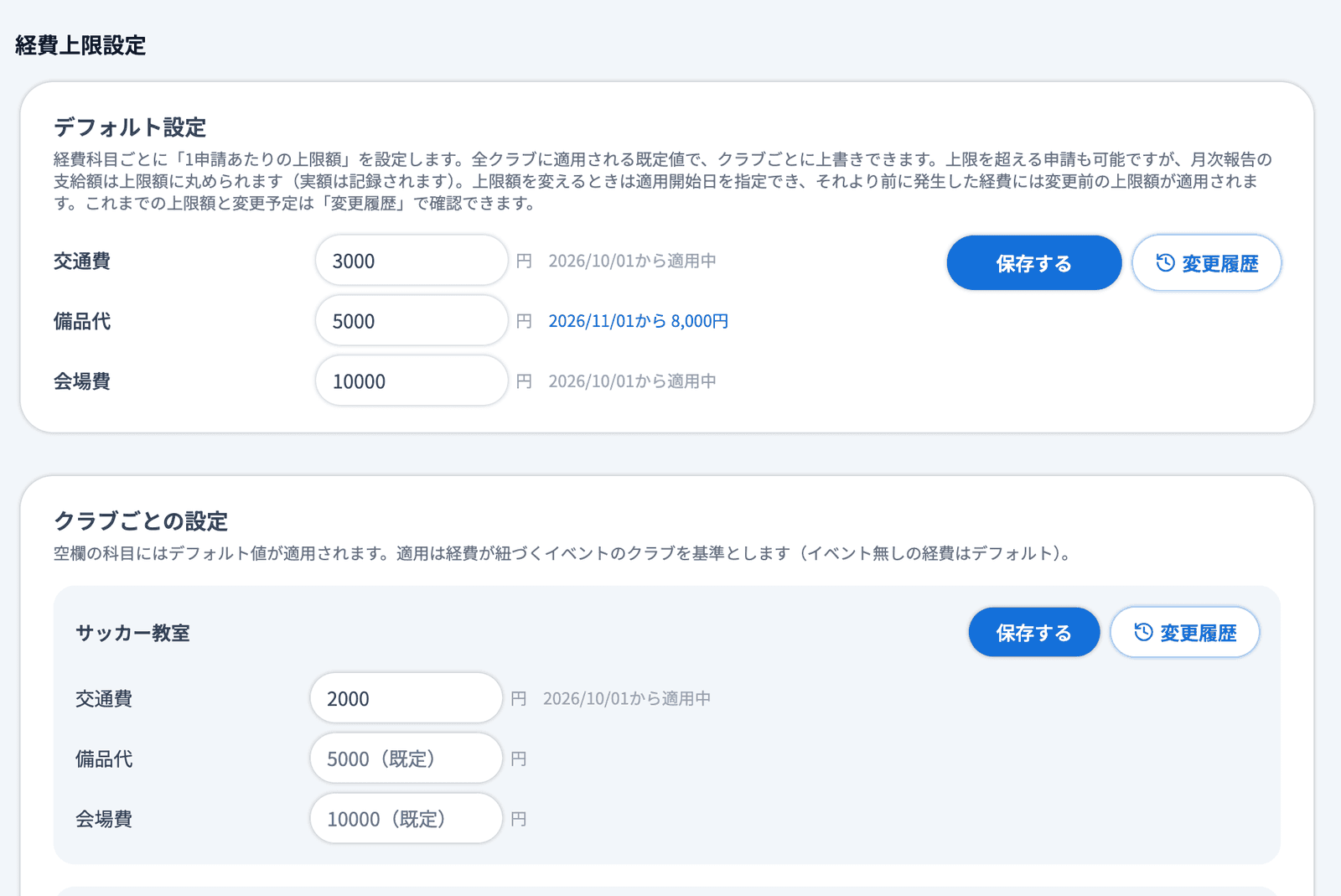 経費設定ページ下部の「経費上限設定」