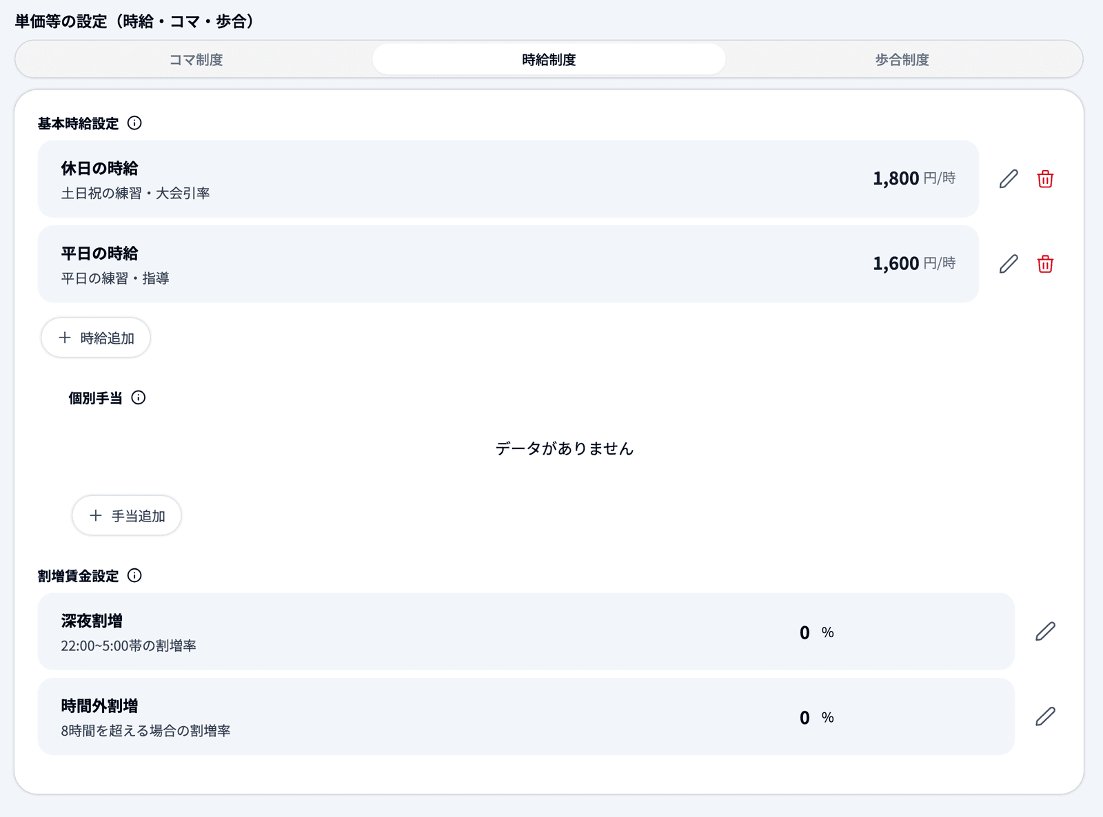 「時給制度」タブの「基本時給設定」「個別手当」「割増賃金設定」