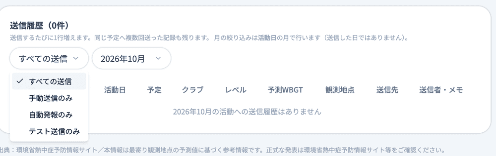 送信履歴の送信種別の絞り込み