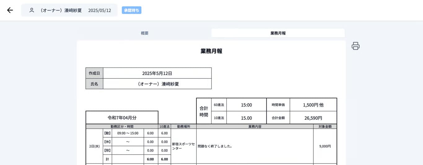印鑑がない業務月報のイメージ
