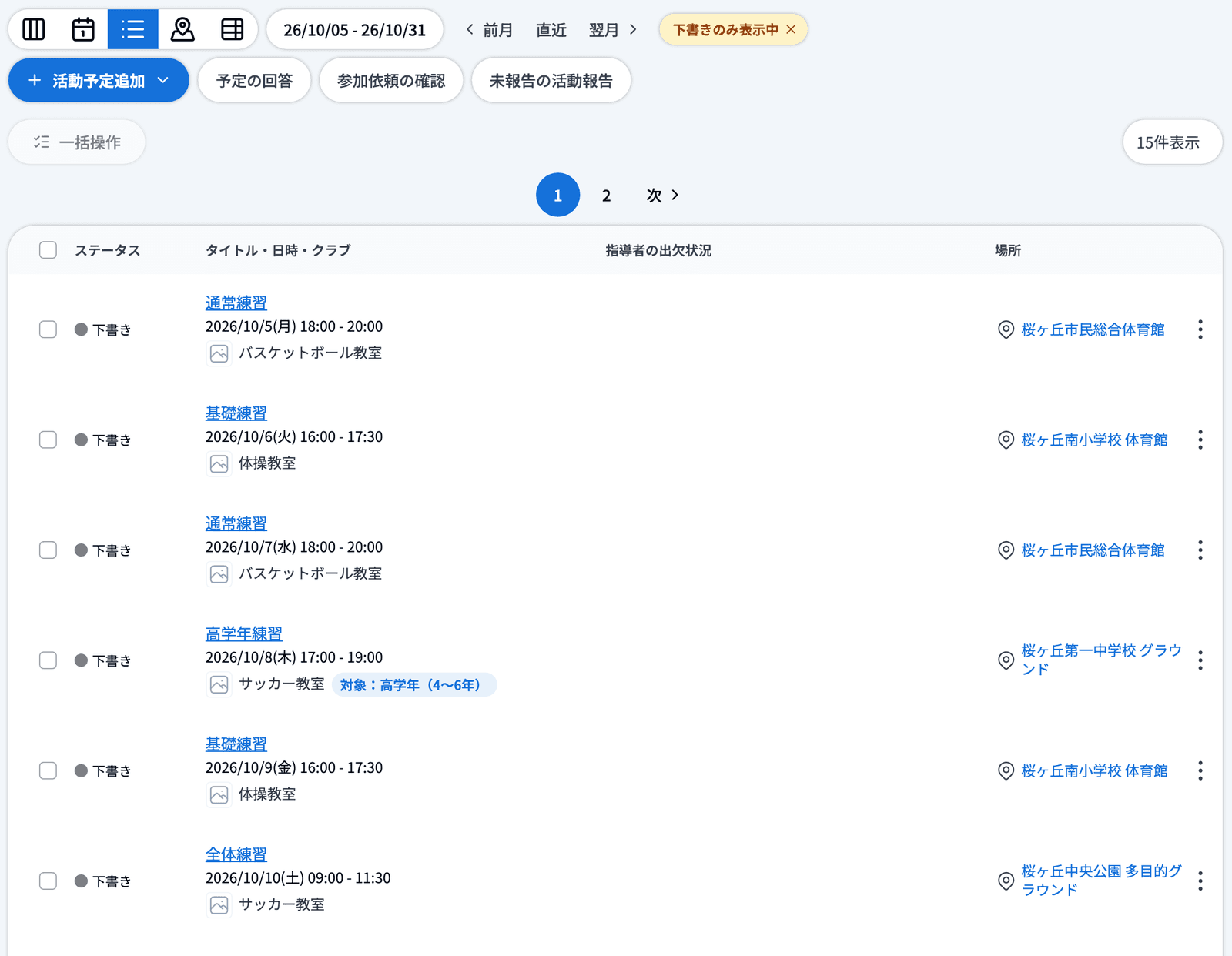「下書き ◯件」をクリックしたあとの一覧