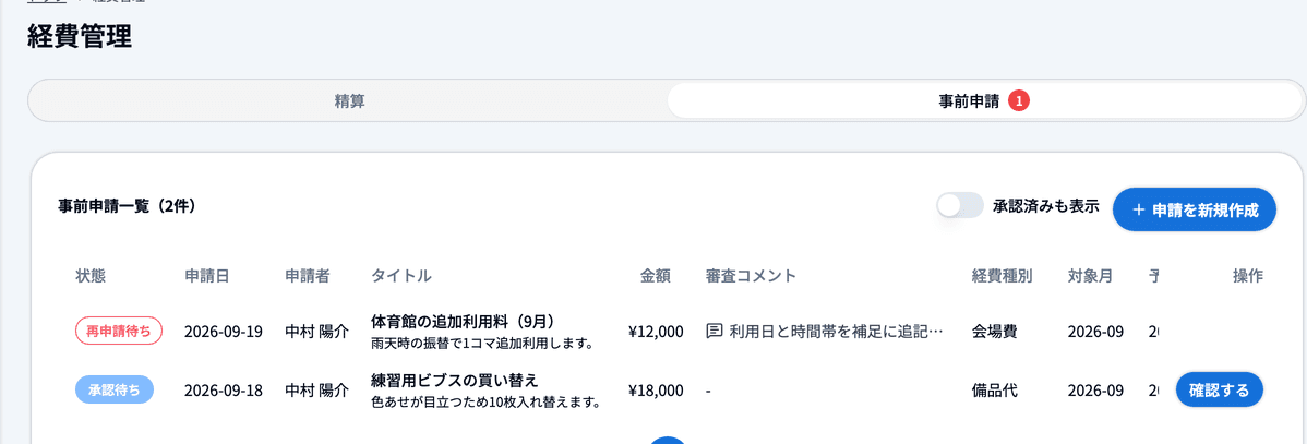 経費管理の事前申請一覧