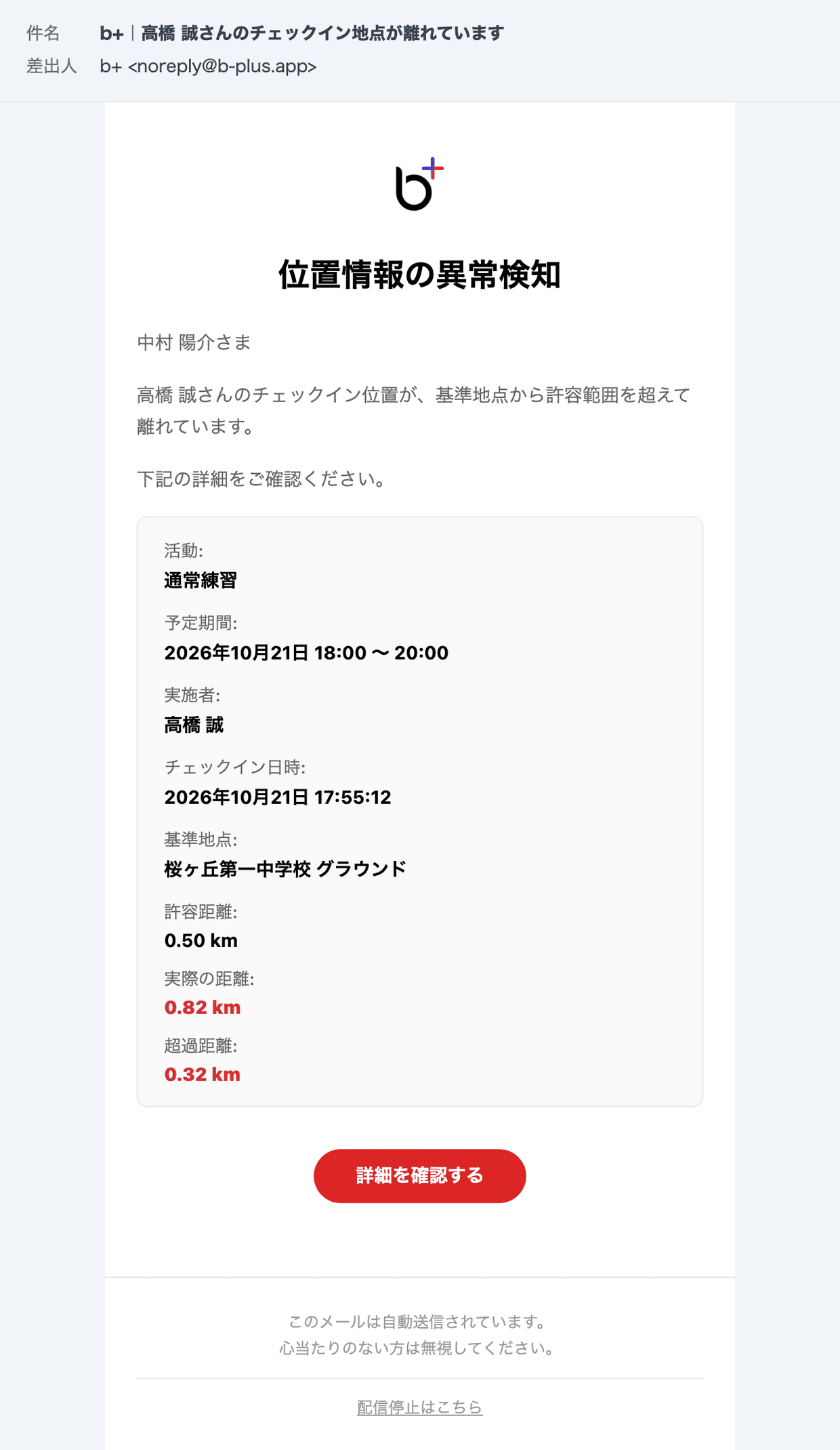 距離アラートのメール(件名「b+|高橋 誠さんのチェックイン地点が離れています」と本文)