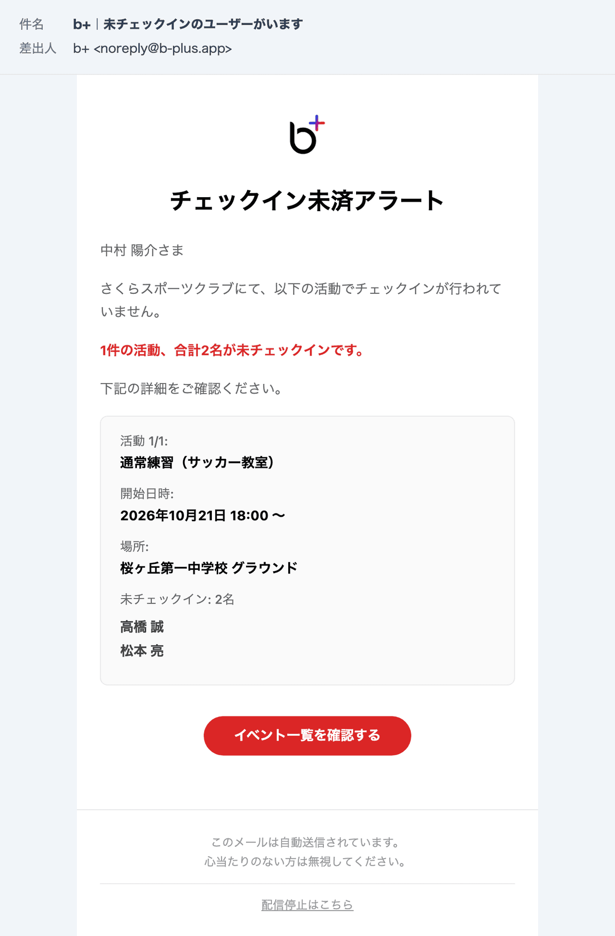 未チェックインのアラートメール(件名「b+|未チェックインのユーザーがいます」と本文の活動・指導者の一覧)
